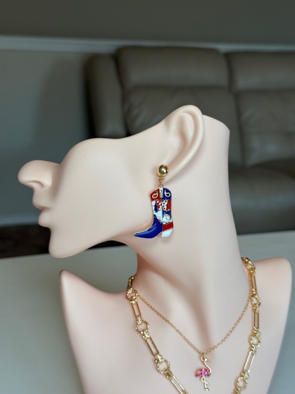 Gold Red, White & Blue Cowgirl Boot Drop Earrings - Picture 4 of 11
